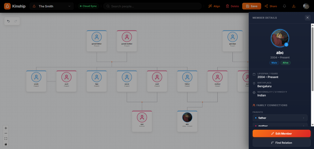 Kinship Interactive Family Tree Canvas and Member Details