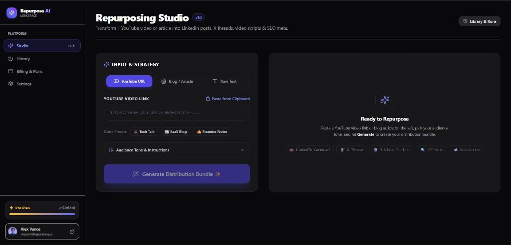 RepurposeAI Repurposing Studio Dashboard