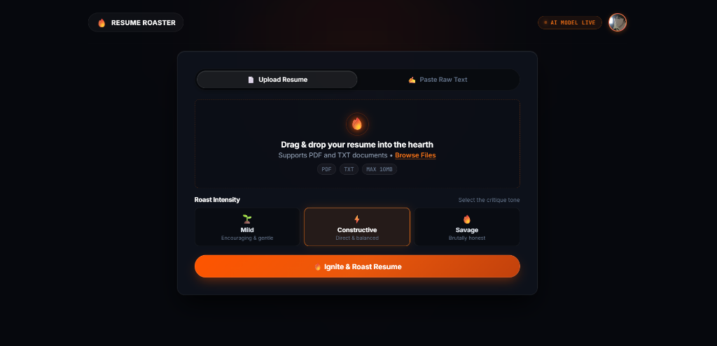 Resume Roaster Interactive Dashboard and Hearth Upload